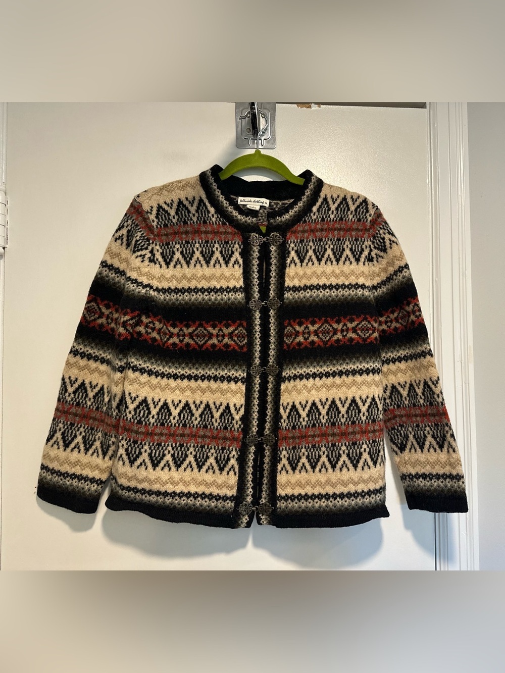 Telluride Clothing Co. 100% wool SzL fair isle Southwestern metal-clasp cardigan